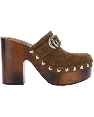 Gucci Wedges With Studded Embellishment And Gg Plaque On The Front - Brown