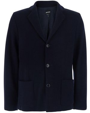 Giorgio Armani Wool Knit Jacket With V-Neck And Long Sleeves - Blue