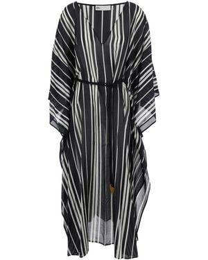 Tory Burch And Caftan With Waist Belt And Striped Motif In - Black