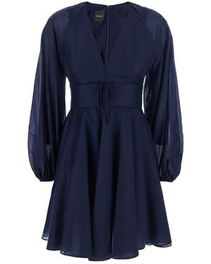 Plain Mini Dress With V Neck And Puffed Sleeves - Blue