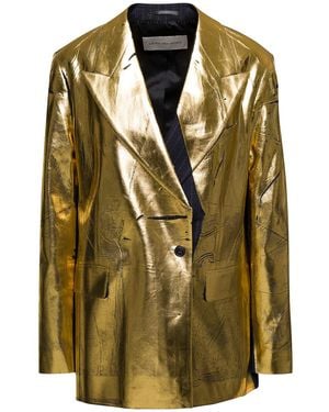 Dries Van Noten Giacca doppiopetto gessato con stampa laminata in lana e - Verde