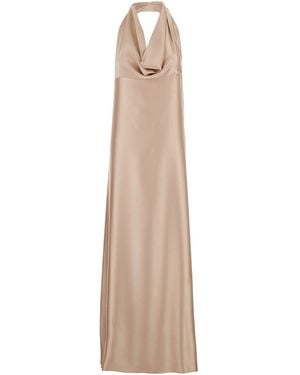 Plain Long Dress With Halterneck And Open Back - Natural