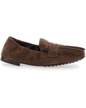 Tory Burch Suede Loafers With Fringe And Metallic Logo - Brown