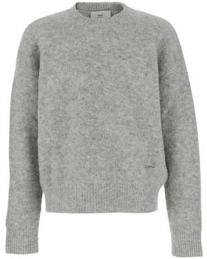 Ami Paris Crew Neck Sweater With Lettering Logo - Gray