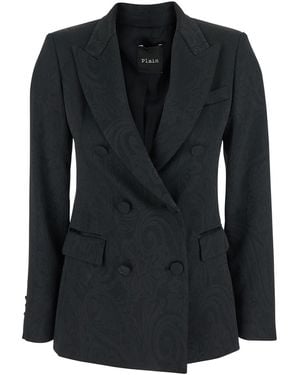 Plain Double-Breasted Jacket With Damask Effect - Black