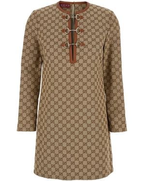 Gucci Crewneck Mini Dress With Horsebit On The Front - Natural