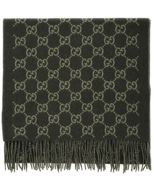 Gucci Scarf With Fringed Hem And Gg Motif Jacquard - Green