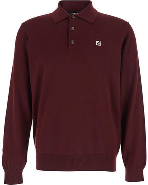 Fendi Long Sleeve Polo With Classic Collar And Ff Plate On Th - Red