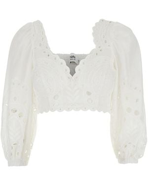 Charo Ruiz 'Luna' Top With Deep Neckline And Intricate Embroidery - White