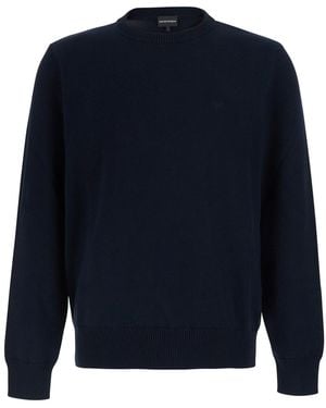 Emporio Armani Crew Neck Jumper With Knit Design - Blue