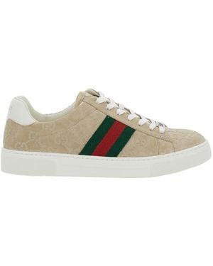 Gucci Low Top Trainers With Web Detail On The Side And Ace Plaqu - Natural