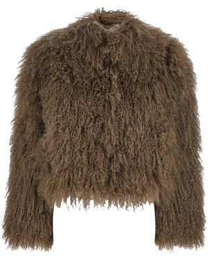 Plain Cropped Fur Jacket With Concealed Front Closure - Brown