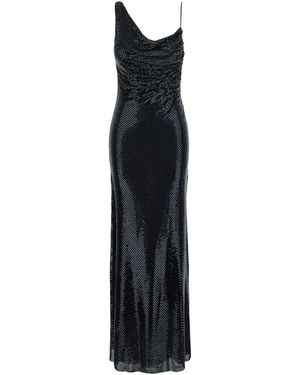 Self-Portrait Long Dress With Draping And Rhinestones - Black