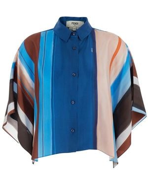 Fendi Crop Shirt With Logo Embroidery On The Side And All-Over Striped Motif - Blue