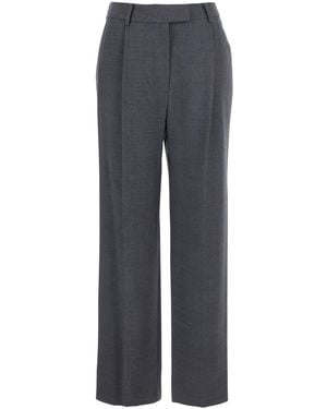 Low Classic Pants With Buckled Belt On The Rear And Wide Leg - Gray