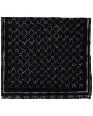 Gucci Sciarpa Con Orlo Sfrangiato E Motivo Gg All-Over - Nero