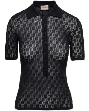 Gucci Polo Shirt With Button Closure And Gg Motif - Black