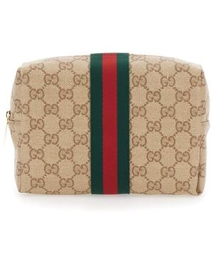 Gucci Pouch With All-Over Gg Motif And Web Detail - Natural