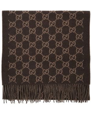 Gucci Scarf With All-Over Gg Motif And Fringed Hem - Brown