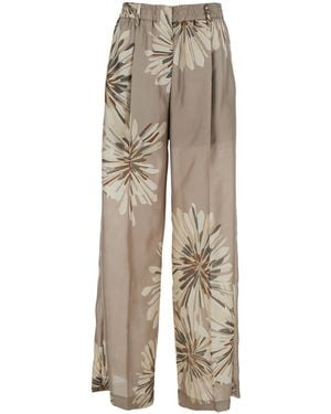 Brunello Cucinelli Trousers With Elastic Waist And All-Over Floral Print - Natural