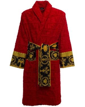Versace 'S Terry Cotton Bathrobe With Baroque Det - Red