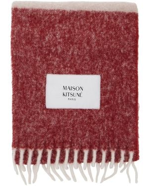 Maison Kitsuné Sciarpa Con Patch Logo Sul Fronte E Orlo Sfrangiato In - Rosso