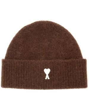 Ami Paris Beanie With Ami De Coeur Logo And Tech Fabric - Brown