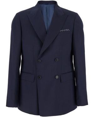 Low Brand Double-Breasted Jacket With Peak Revers And Embroidery - Blue