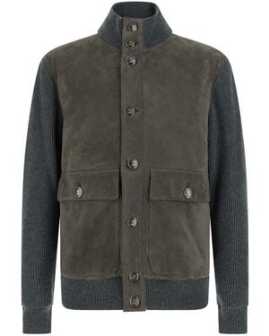 Brunello Cucinelli High-Neck Jacket With Jewel Buttons And Ribbed - Grey