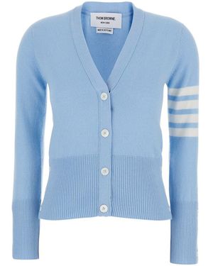 Thom Browne Cardigan Con Scollo A V E Logo 4Bar Sulla Manica - Blu
