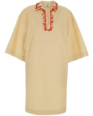 Fendi Dress With Open Polo Shirt Style Collar And Embroidery On The Collar - White