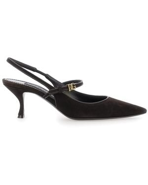 Dolce & Gabbana Slingback Court Shoes With Ankle Strap And Logo Plate - Black