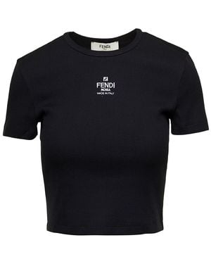 Fendi T-Shirt A Coste Cropped Con Dettaglio Logo - Black