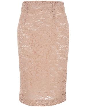 Plain Midi Skirt With Lace Design And Back Vent - Natural