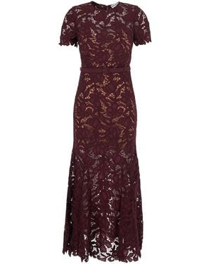 Self-Portrait Burgundy Long Dress With Lace Details And Round Neckline - Purple
