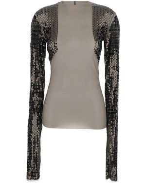 Rick Owens 'Dennis' Cropped T-Shirt With Long Sequin Sleeves - Gray