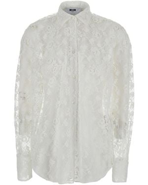 MSGM Camicia Bianca Con Design Semi Trasparente E Ricami All-Over - Bianco