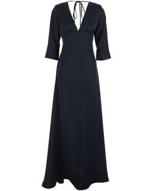Plain Maxi Dress With Front And Rear V Neck And Maxi Bow On The - Blue