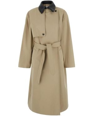 Bottega Veneta Light Cotton Belter Trench Coat With Intrecciato Collar - Natural