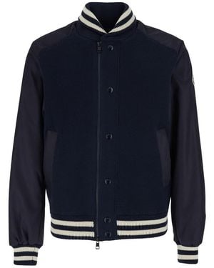 Moncler Cardigan With Zip And High Collar - Blue