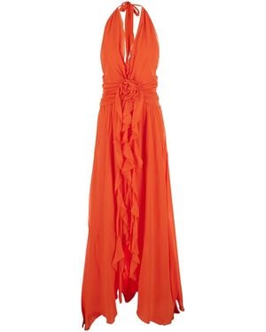 Blumarine Long Dress With Halterneck And Floral Decorations - Red