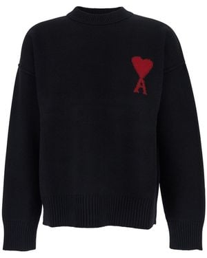 Ami Paris Crewneck Jumper With Adc Embroidery Wool Tops - Blue