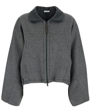 Brunello Cucinelli Jacket With Mock Neck And Dropped Shoulders In - Gray