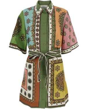 ALÉMAIS 'Contina' Mini Dress With Front Belt And All-Over P - Green