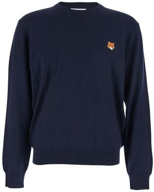 Maison Kitsuné Crew Neck Jumper With Fox Patch - Blue