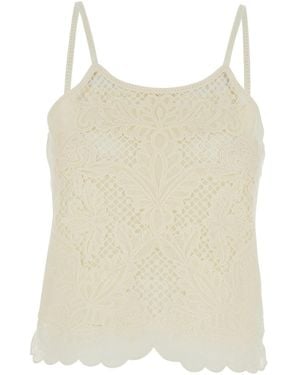 Twinset Round Neck Top With Lace Design - Natural