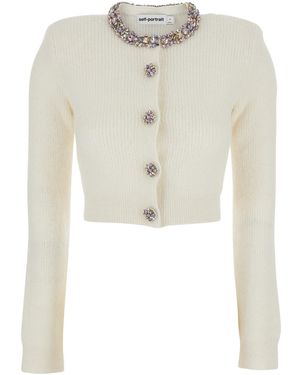 Self-Portrait Cardigan Crop Girocollo Con Decorazione Con Cristalli Su - Bianco