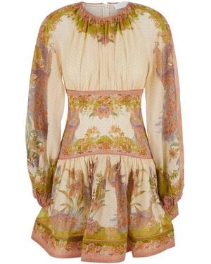 Zimmermann 'Indra' Crew Neck Mini Dress With Balloon Sleeve - Multicolour