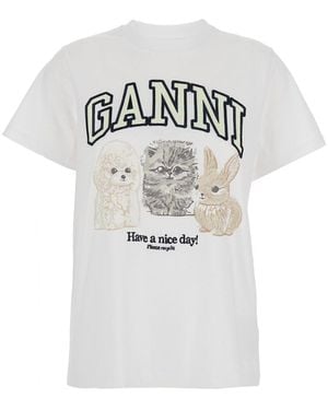 Ganni Basic Cotton Jersey Animals Relaxed T-Shirt - White