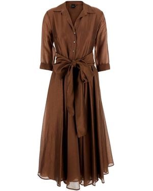Le Plain Long Dress With Adjustable Waist Belt And Cuban Collar I - Brown
